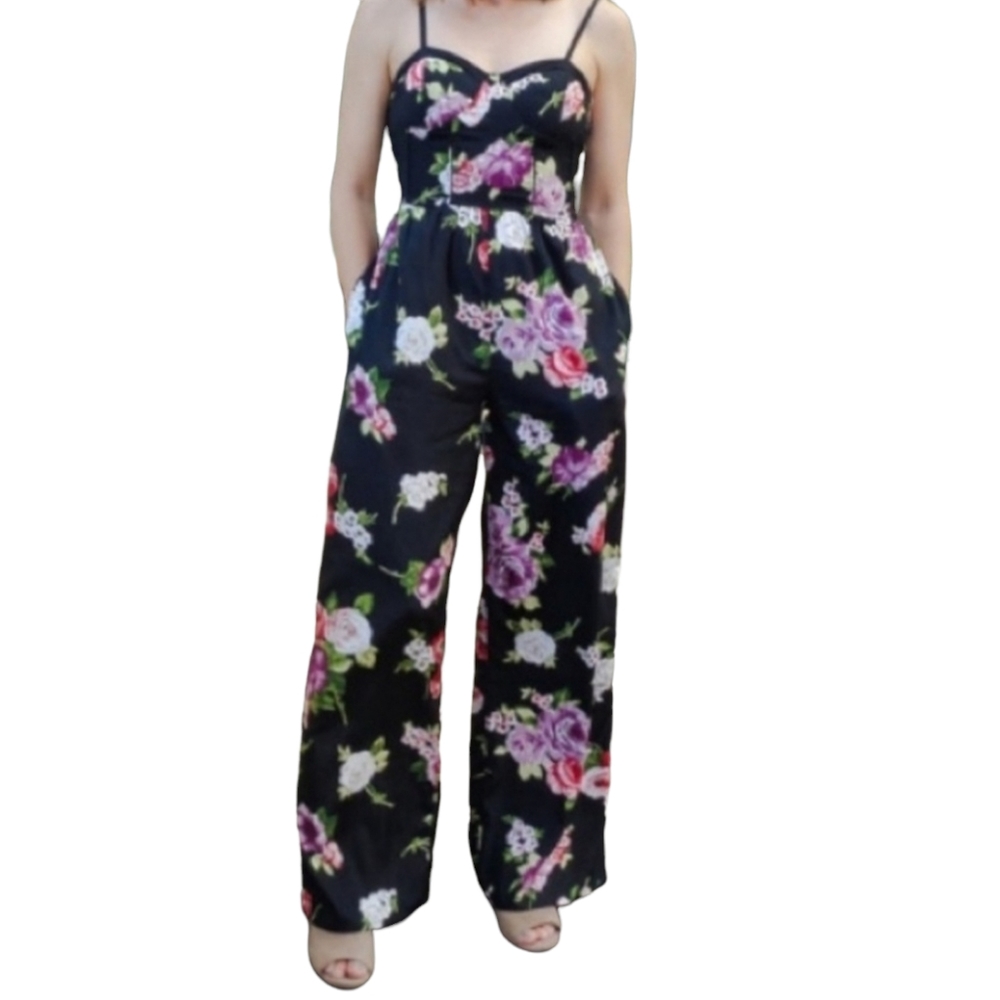 BAND OF GYPSIES Womens Black Floral Jumpsuit S